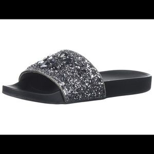 New Carlos Santana Liliana Bedazzled Crystal Slides Slippers Pewter Black 9